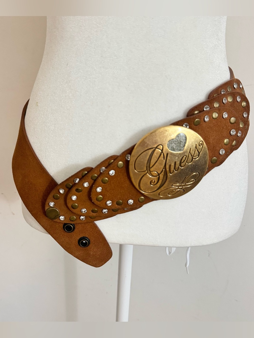 Western Guess Women’s Tan Suede Belt with Gold Signature Buckle